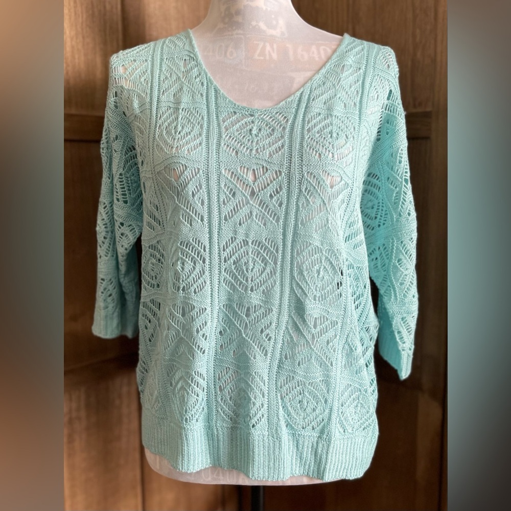 NWT DOKOTOO Women’s Pastel Mint V-Neck Sweater with Intricate Knit Pattern